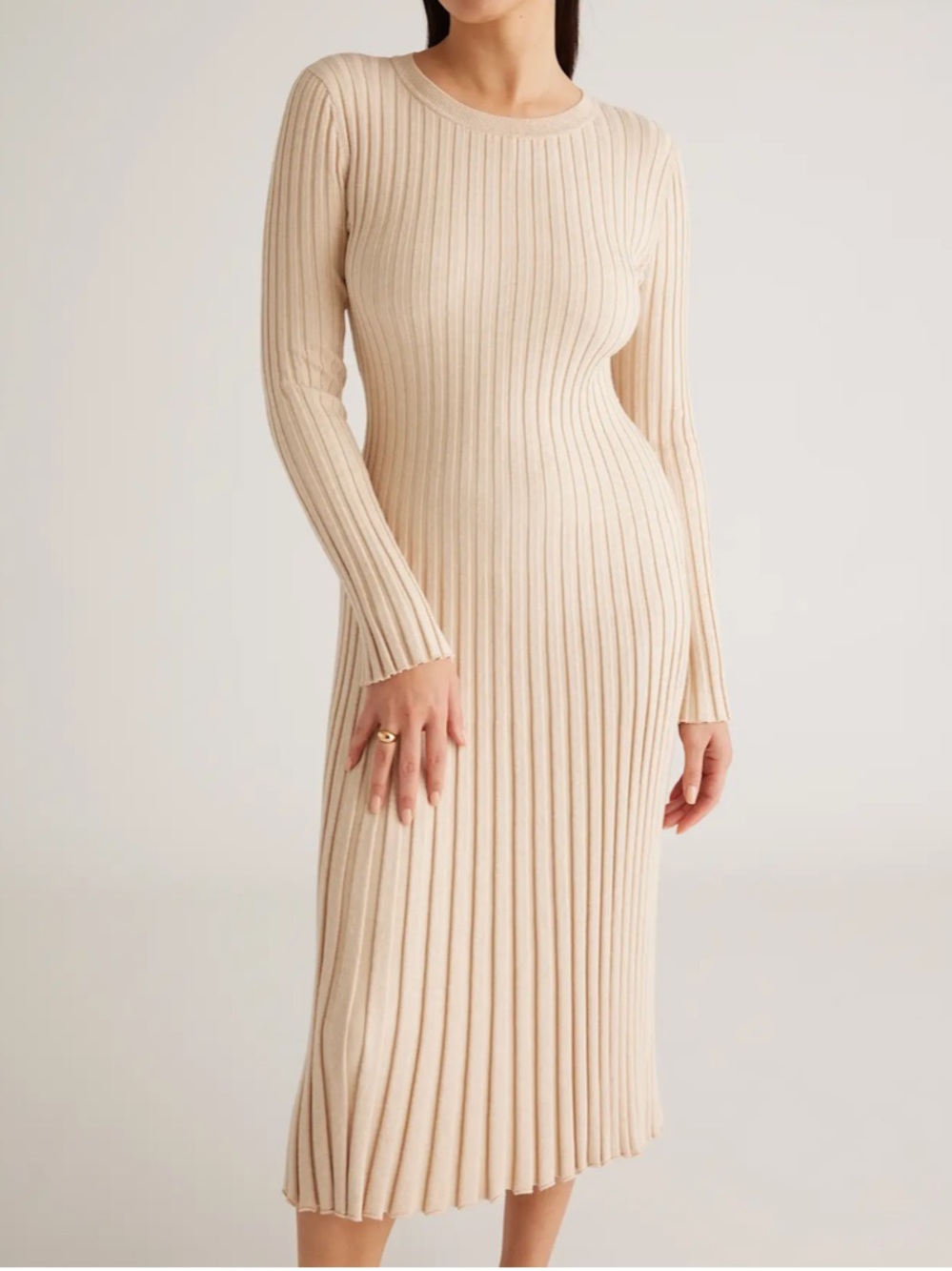 Quince Ribbed Long Sleeve Knit Dress in Beige